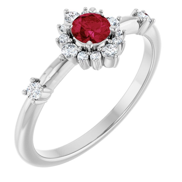 Sterling Silver Lab-Grown Ruby & 1/6 CTW Natural Diamond Halo-Style Ring 